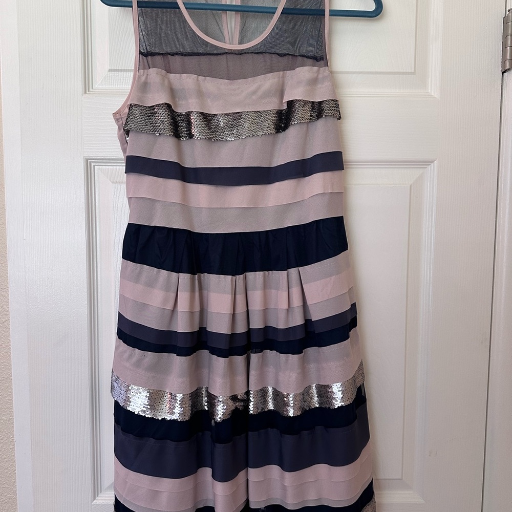 Ryu Pink and Navy Striped Sequin Overlay Dress
